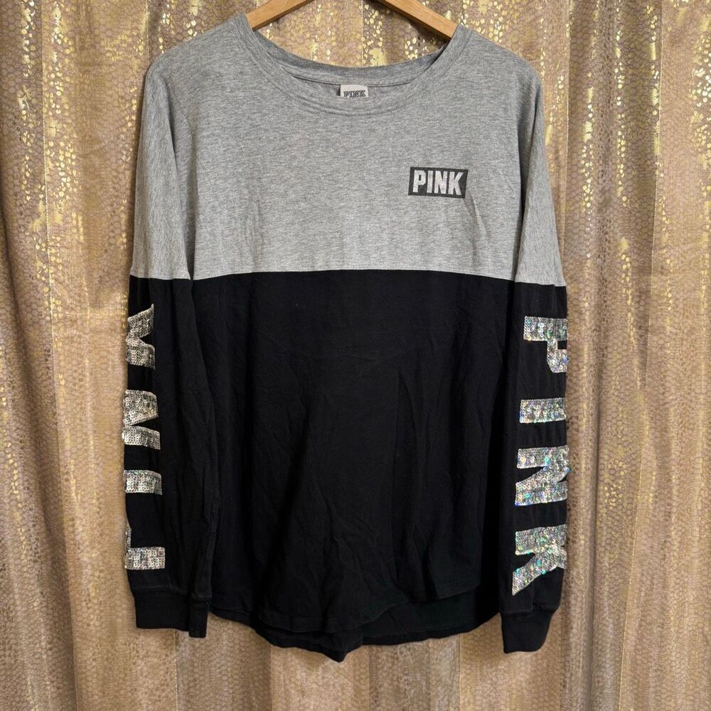 PINK Victorias Secret Gray Black Holographic Logo Bling Campus Long Sleeve Top